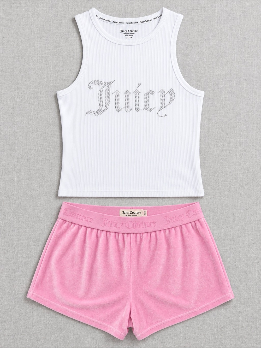 Juicy Couture White Ribbed Rhinestone 'Juicy' Tank & Pink Velour Shorts Set